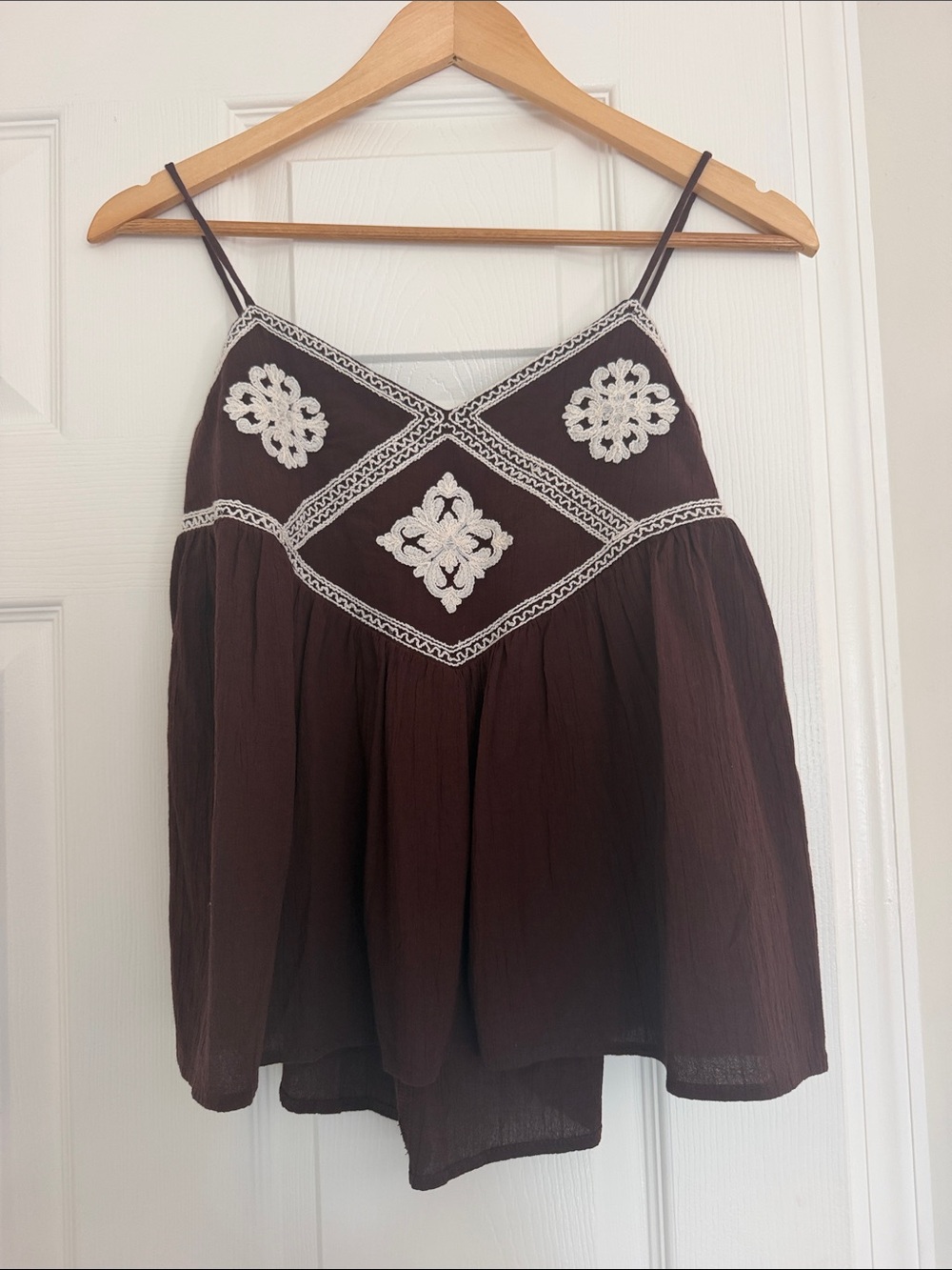 Zara Chocolate Brown Camisole with White Embroidery